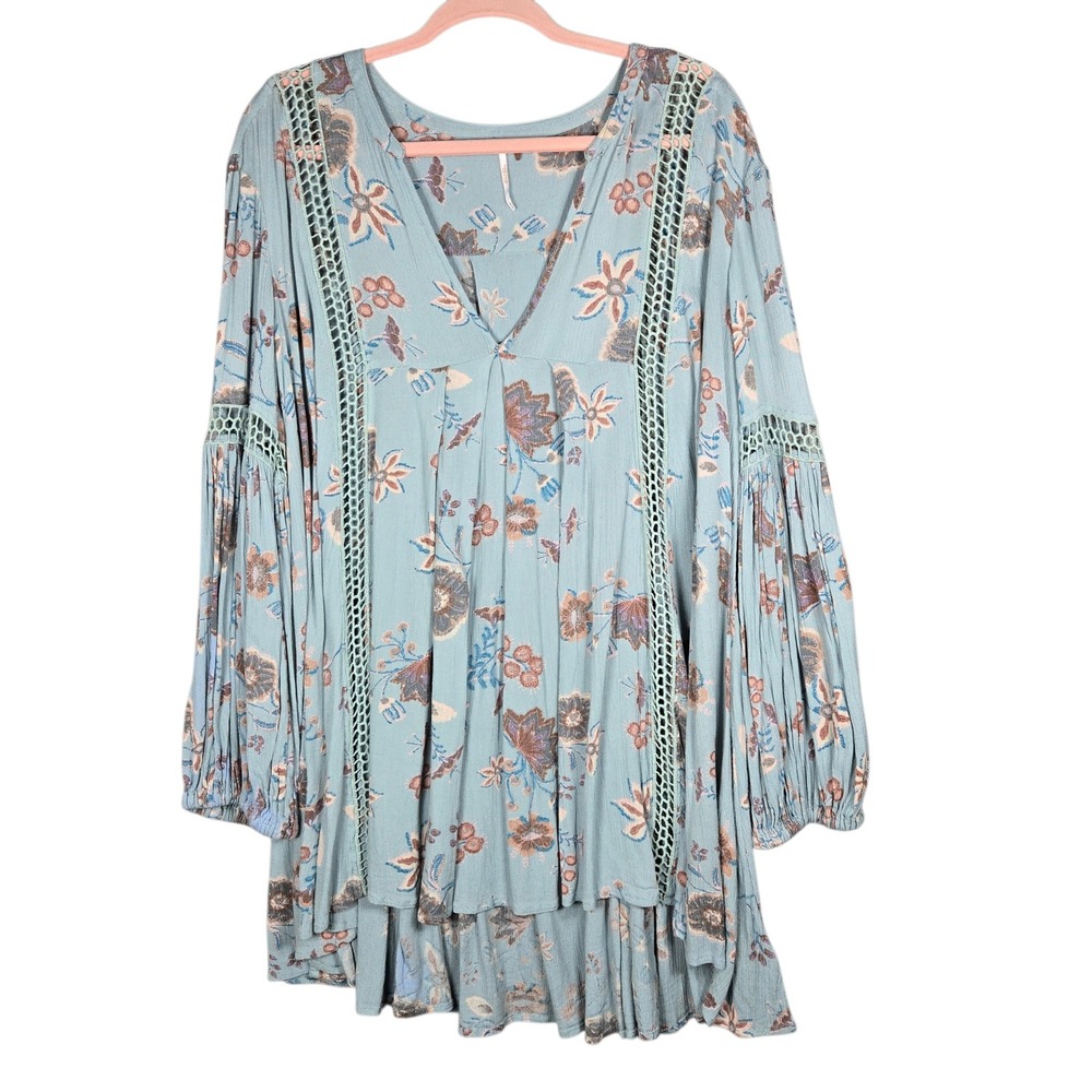 Free People Just The Two of Us Tunic Medium Teal Floral Crochet Trim Boho Top